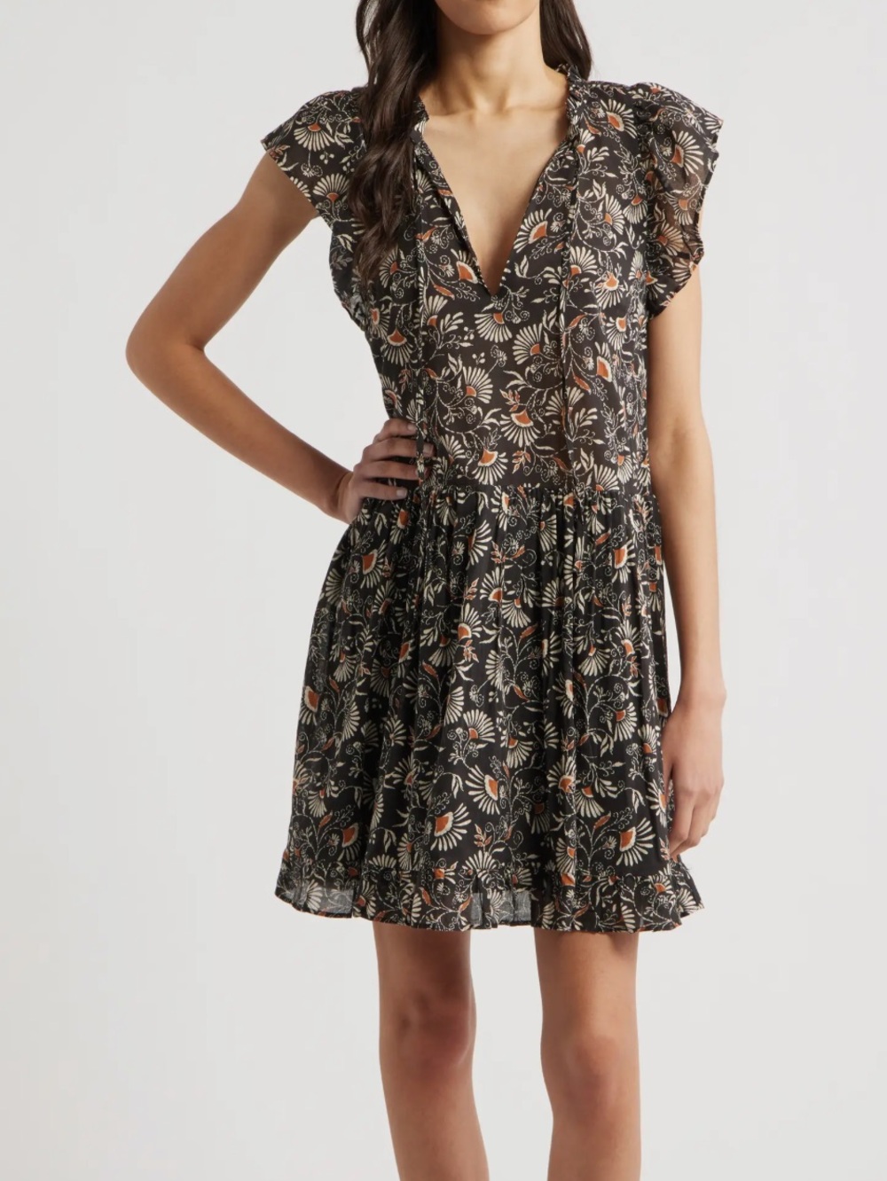 Rails Flutter Sleeve Mini Dress Cassia Ruffle Hem New Zinnia Black Floral